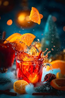 Mulled wine splashes out of a glass with a falling orange slice, wintery atmosphere