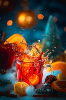 Sparkling mulled wine with oranges and cinnamon on a wintry surface, vivid presentation