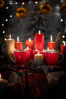 Red and white candles with cups on a table against a Christmas decorated background