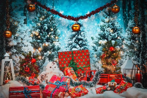 Christmas atmosphere with teddy bear, gifts and snowy trees, festive lights