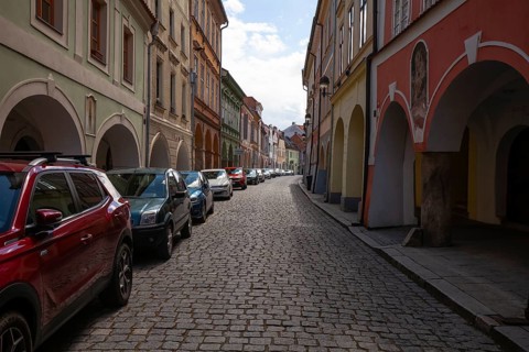 Unique arcades in Budweis South Bohemia, Czech Republic