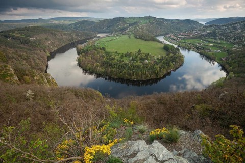 Sunset on spring evening at the loop of the Vltava (Vltava) View of Solenice Central Bohemia Czech