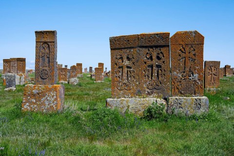 Tombstones with complex designs and orange weathering in a meadow, crossstones, khachkars, world's