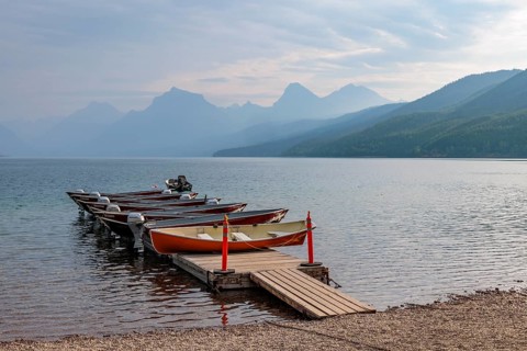 240903_057 Rental boats on a floating dock in Lake McDonald at Apgar Village in Glacier National