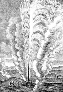 Eruption of the Beehive geyser in Yellowstone National Park, huge altitude, water vapor, hot water