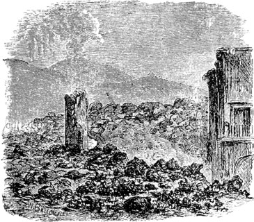 Houses buried by the lava of the Vesuvius volcano, smoke, eruption, lava flow, natural disaster,
