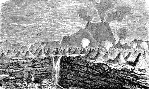 Smoking volcano with numerous eruption cones, geology, volcanic field, waterfall, rock wall,