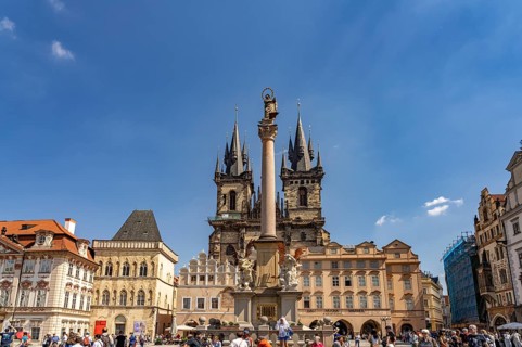 St. Mary's Column and Tyn Church on Old Town Square in Prague's Old Town, Prague, Czech Republic