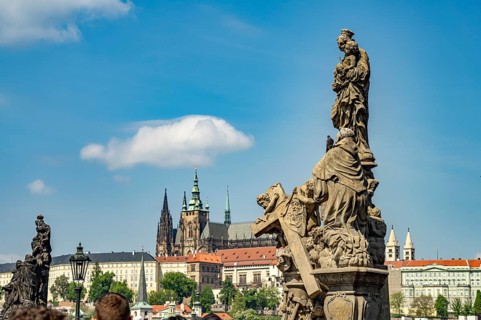 Statue of Madonna and Saint Bernard on Charles Bridge in front of Prague Castle, Prague, Czech