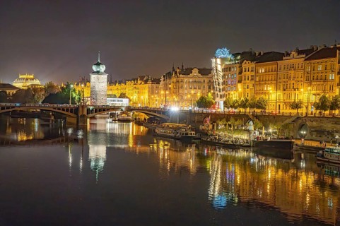 Masaryk Embankment with Sitkov Water Tower at Dusk, Prague, Czech Republic