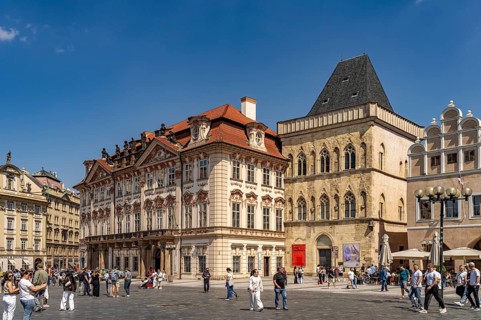 Goltz-Kinsky Palace and House Zur Steinernen Glocke on Old Town Square in Prague's Old Town,