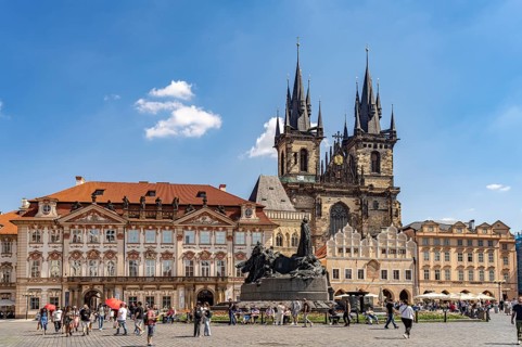Old Town Square with Jan Hus Memorial and Tyn Church in Prague's Old Town, Prague, Czech Republic