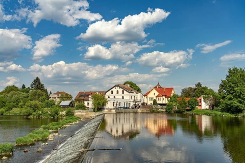 Weir on the Berounka River in Prague, Czech Republic