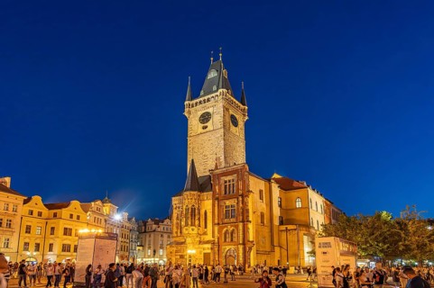 Old Town Hall on Old Town Square at dusk, Prague, Czech Republic