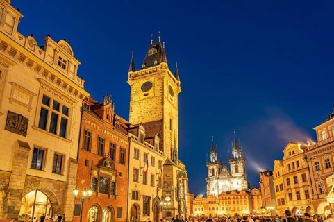 Old Town Town Hall and Tyn Church on Old Town Square at dusk, Prague, Czech Republic