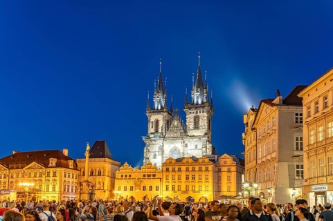 The Tyn Church on Old Town Square at dusk, Prague, Czech Republic