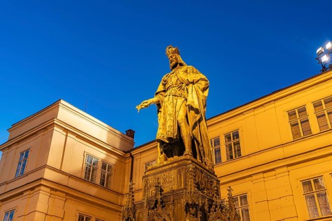 Monument to Emperor Charles IV on Kreuzherrenplatz at dusk, Prague, Czech Republic