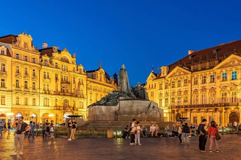 Jan Hus monument on Old Town Square at dusk, Prague, Czech Republic