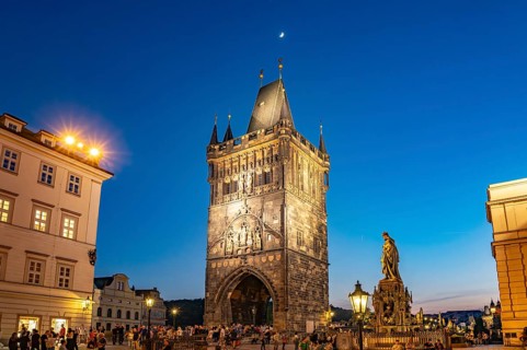 The Gothic Old Town Bridge Tower at dusk, Prague, Czech Republic
