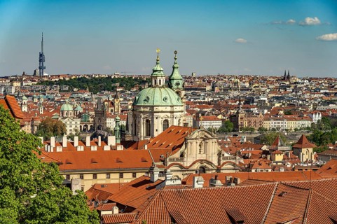Old Town, Vltava and St. Nicholas on Malá Strana seen from above, Prague, Czech Republic