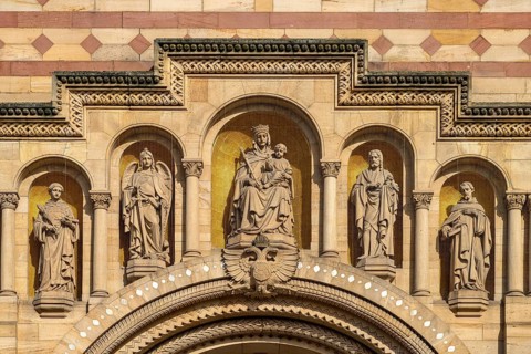Sculptures of the five patron saints on the façade of Speyer Cathedral in Speyer,