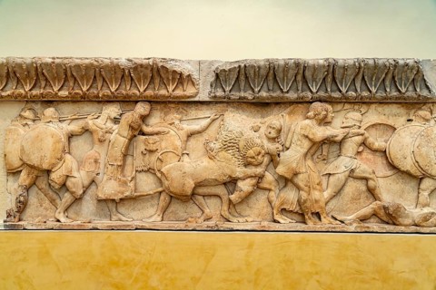 Ancient Greek Friezes in the Delphi Archaeological Museum, UNESCO World Heritage Site in Delphi,