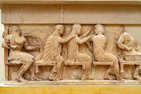 The frieze of the Siphnian Treasury in the Archaeological Museum of Delphi, UNESCO World Heritage