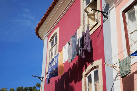 Laundry is dried on a line in front of a house in the spa town of Monchique, Algarve, Portugal
