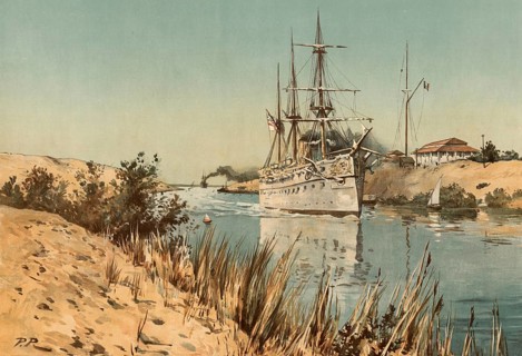 Suez Canal, Suez Canal, a warship passing through, Egypt, around 1900, after a painting by Thomas
