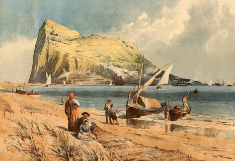 Gibraltar, seen from mainland Spain, around 1900, based on a painting by Thomas Nelson,
