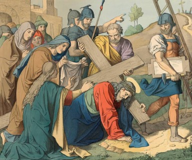Biblical story, Jesus carrying the heavy cross, Jesus carrying the heavy wooden cross through
