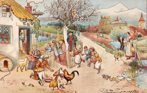 Symbolic spring, rural scene with farmers, children and animals, painting by Clayton Symington,