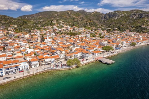 The town of Limni on the island of Euboea or Evia seen from the air, Greece