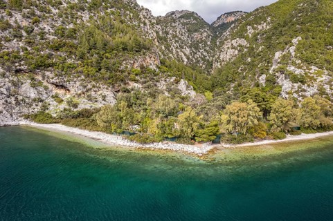 Beach and landscape near Dafni on the island of Euboea or Evia seen from the air, Greece