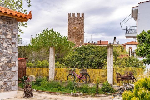 Medieval residential tower in the village of Politika on the island of Euboea or Evia, Greece