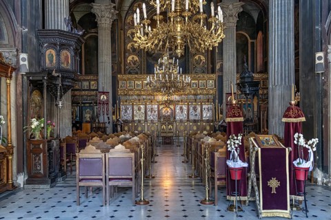 Interior of the church of St. Nicholas in the island capital Chalkida, island of Euboea or Evia,