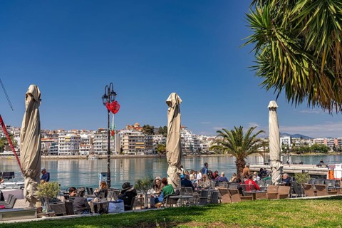 Restaurants on the waterfront of the island capital Chalkida, the island of Euboea or Evia, Greece