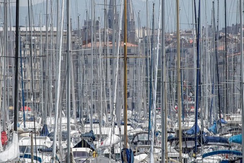 Sailboats anchor in the Old Port, Marseille, Bouches-du-Rhône departments, Provence-Alpes-Côte
