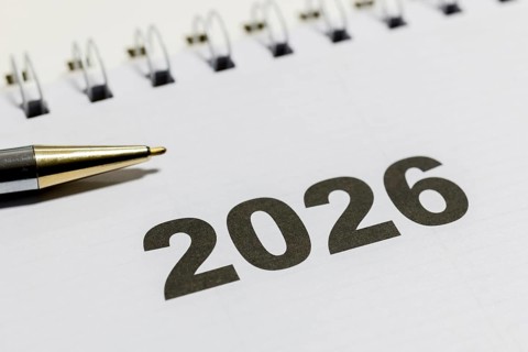 Ringbook calendar, calendar sheet with the year 2026 and a black pen