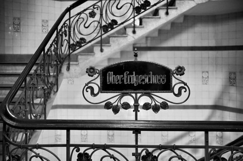 Interior view, sign upper ground floor, art nouveau, staircase, Alsterhaus, black and white, Free