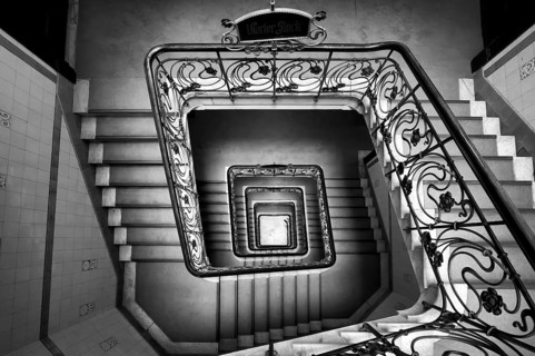 Interior view, staircase, square, art nouveau, Alsterhaus, black and white, Free and Hanseatic City