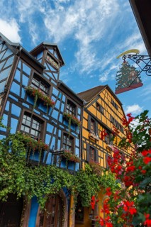 Decorated half-timbered houses in the historic old town of Riquewihr, Ellsass