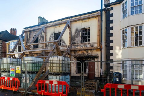 Former Devizes Kebab and Pizza House building badly damaged by fire, Northgate Street, Devizes,
