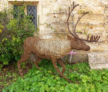 Reindeer deer stag sculpture handmade from woven wicker, Lacock, Wiltshire, England, UK by Woody
