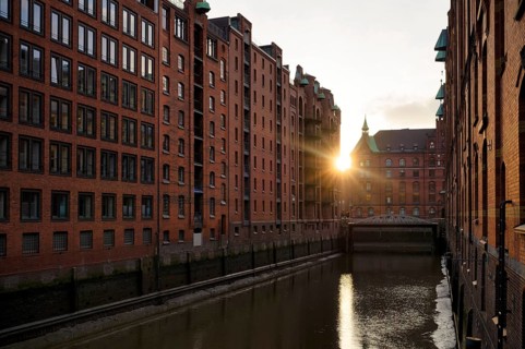 Warehouses, façade, brick building, Hamburger Speicherstadt, Hafencity, canal, sunset, evening