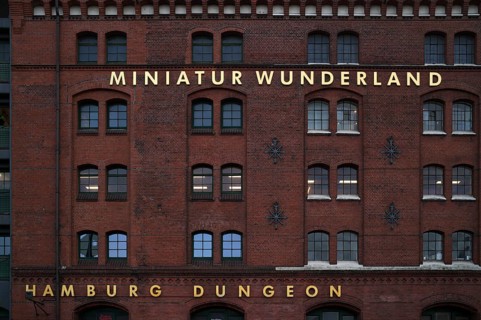 Exterior view of Miniatur Wunderland, Hamburg Dungeon, façade, warehouses, brick buildings,