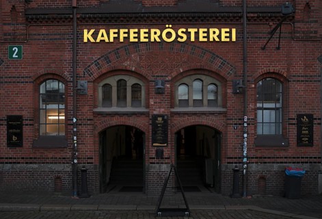 Exterior view of café, coffee roastery, façade, warehouses, brick buildings, Hamburger