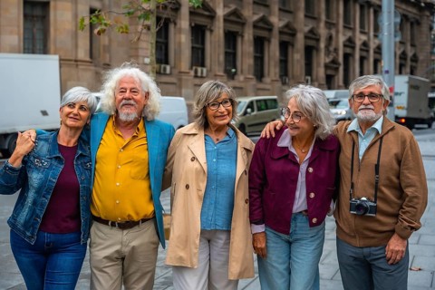 Smiling group of diverse senior friends standing close, showing togetherness and happiness while