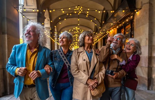 Diverse group of smiling senior friends enjoying a tour of an illuminated european city, looking up