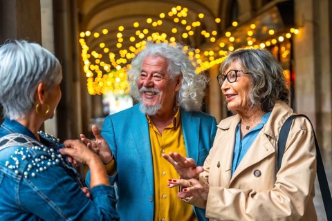 Three senior friends enjoying a lively conversation under decorative lights, sharing laughter and